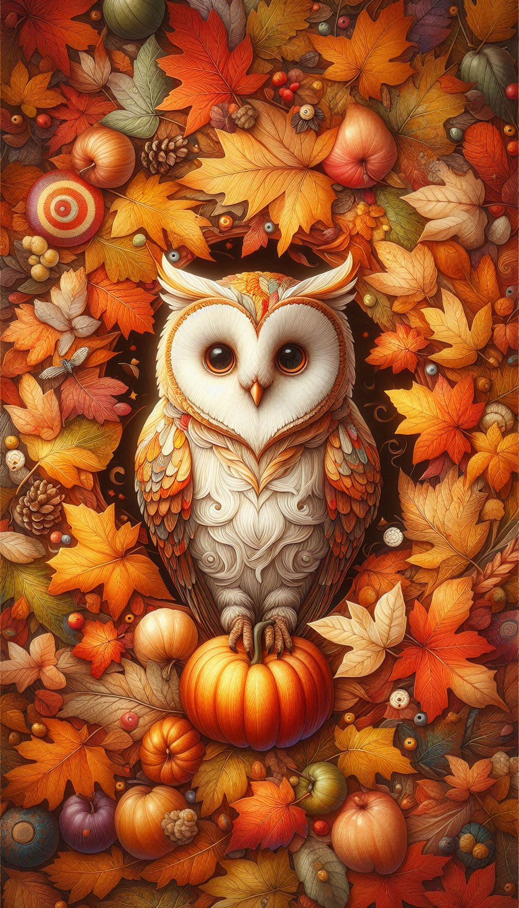 Whimsical Barn Owl Surrounded by Autumn Leaves - Seasonal Wallpaper
