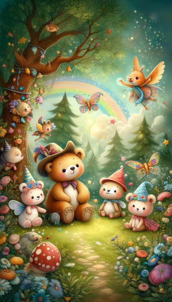 Whimsical Bear Cub and Friends on a Magical Adventure