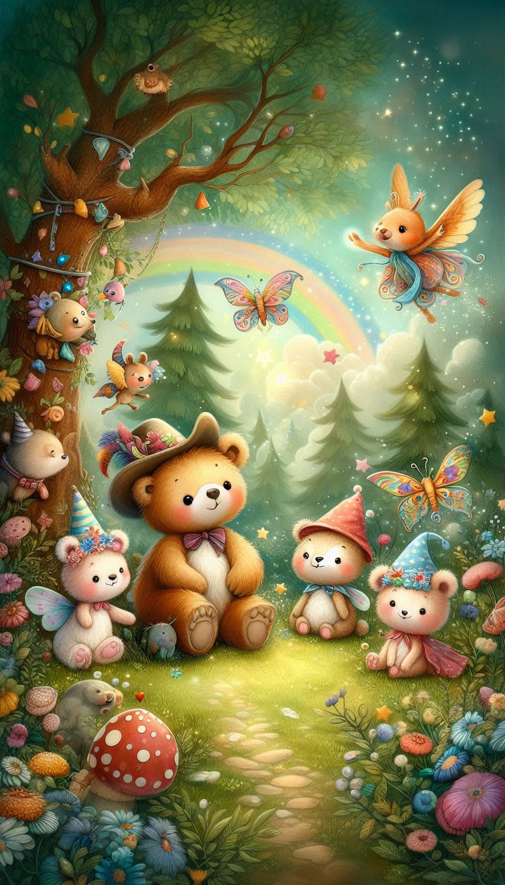 Whimsical Bear Cub and Friends on a Magical Adventure
