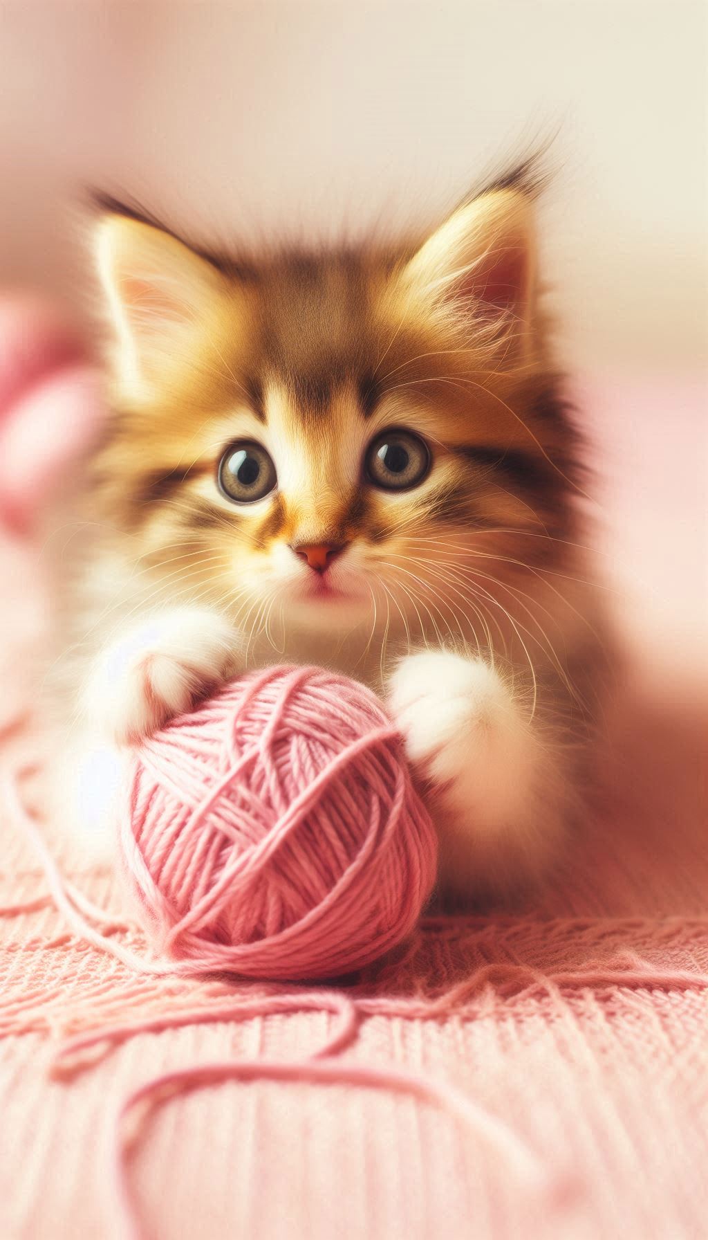 Whimsical Close-Up of a Kitten Playing with a Ball of Yarn