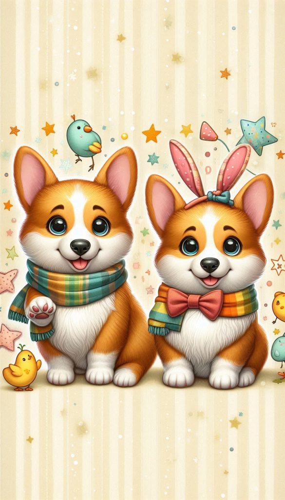Whimsical Corgi Siblings with Cartoon Elements Charming Wallpaper