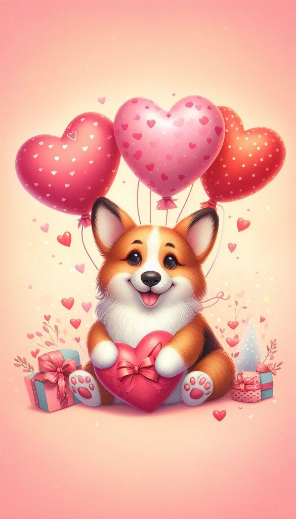 Whimsical Corgi with Heart-Shaped Balloons Wallpaper
