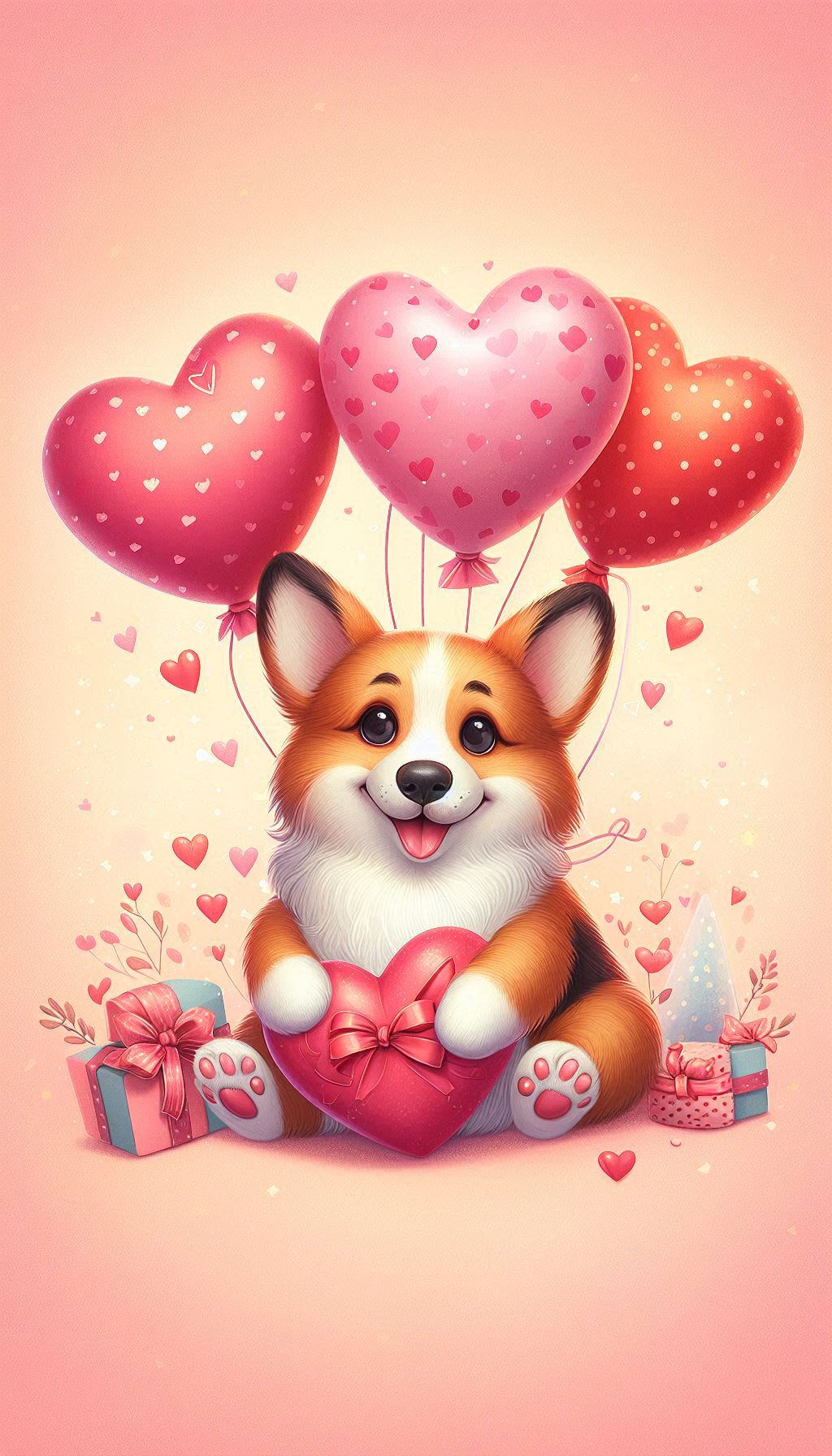 Whimsical Corgi with Heart-Shaped Balloons Wallpaper
