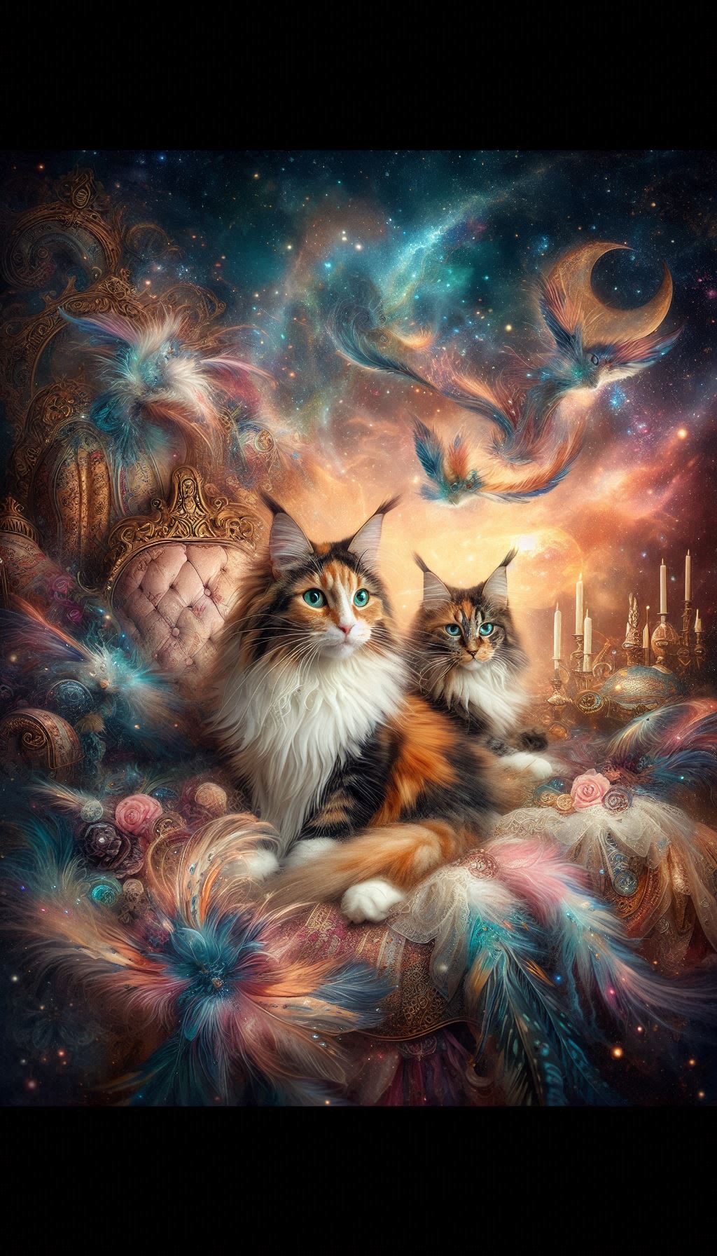Whimsical Dreams Calico Maine Coon Cats Against Dreamy Android Background