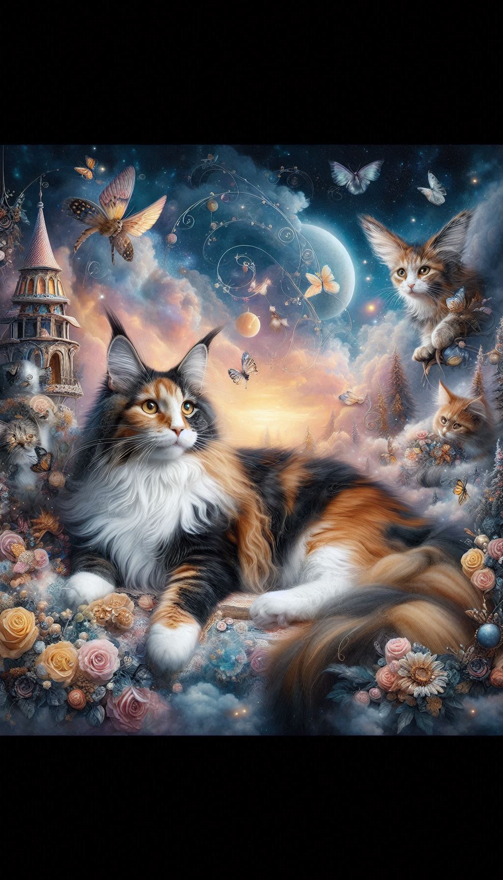 Whimsical Dreams Calico Maine Coon Cats Against Fantasy Backgrounds