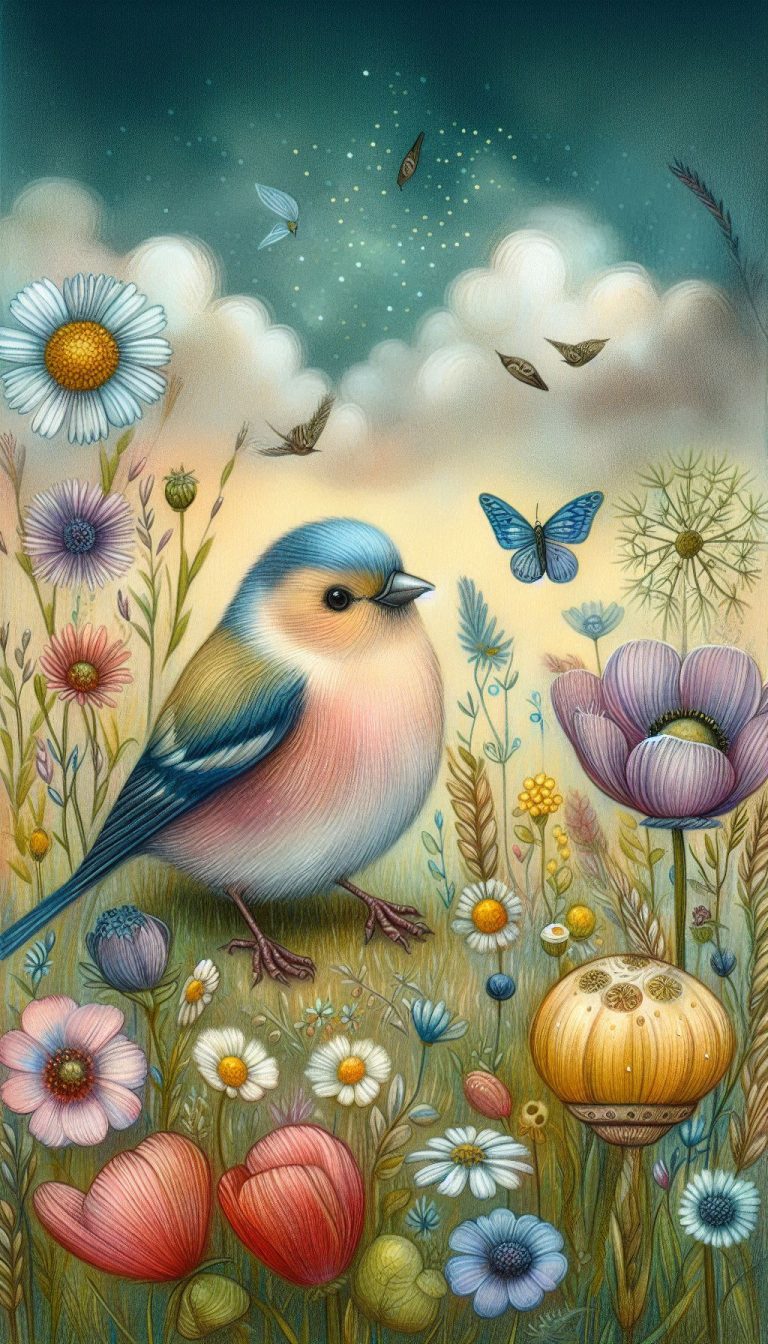 Whimsical Finch Surrounded by Wildflowers in a Meadow