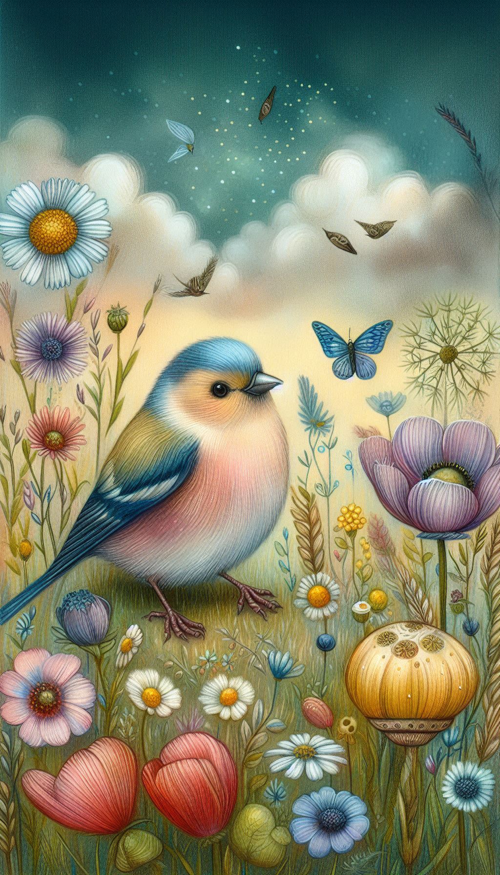 Whimsical Finch Surrounded by Wildflowers in a Meadow