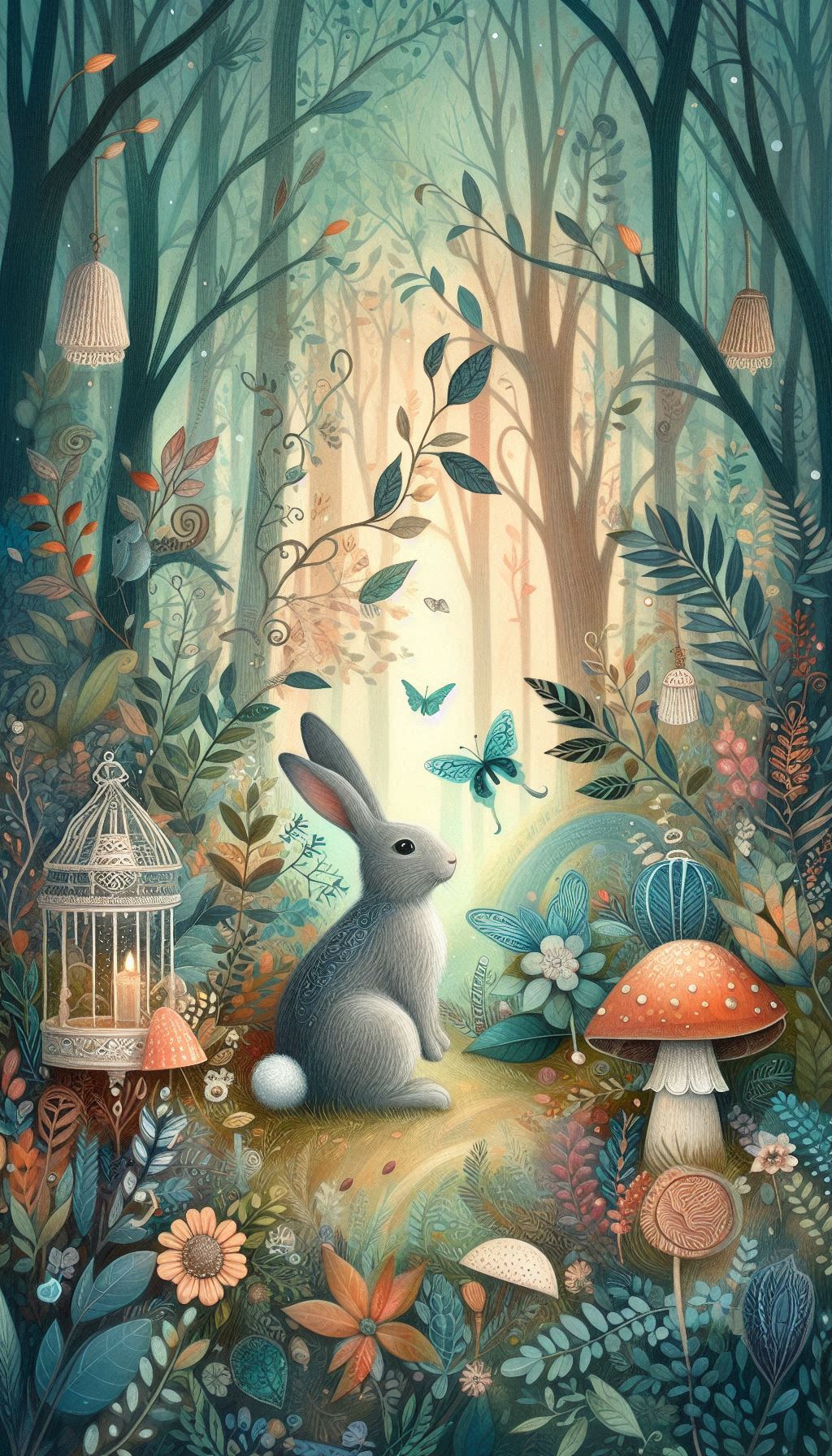 Whimsical Forest Rabbit Enchanted Woodland Artwork Wallpaper for iPhone