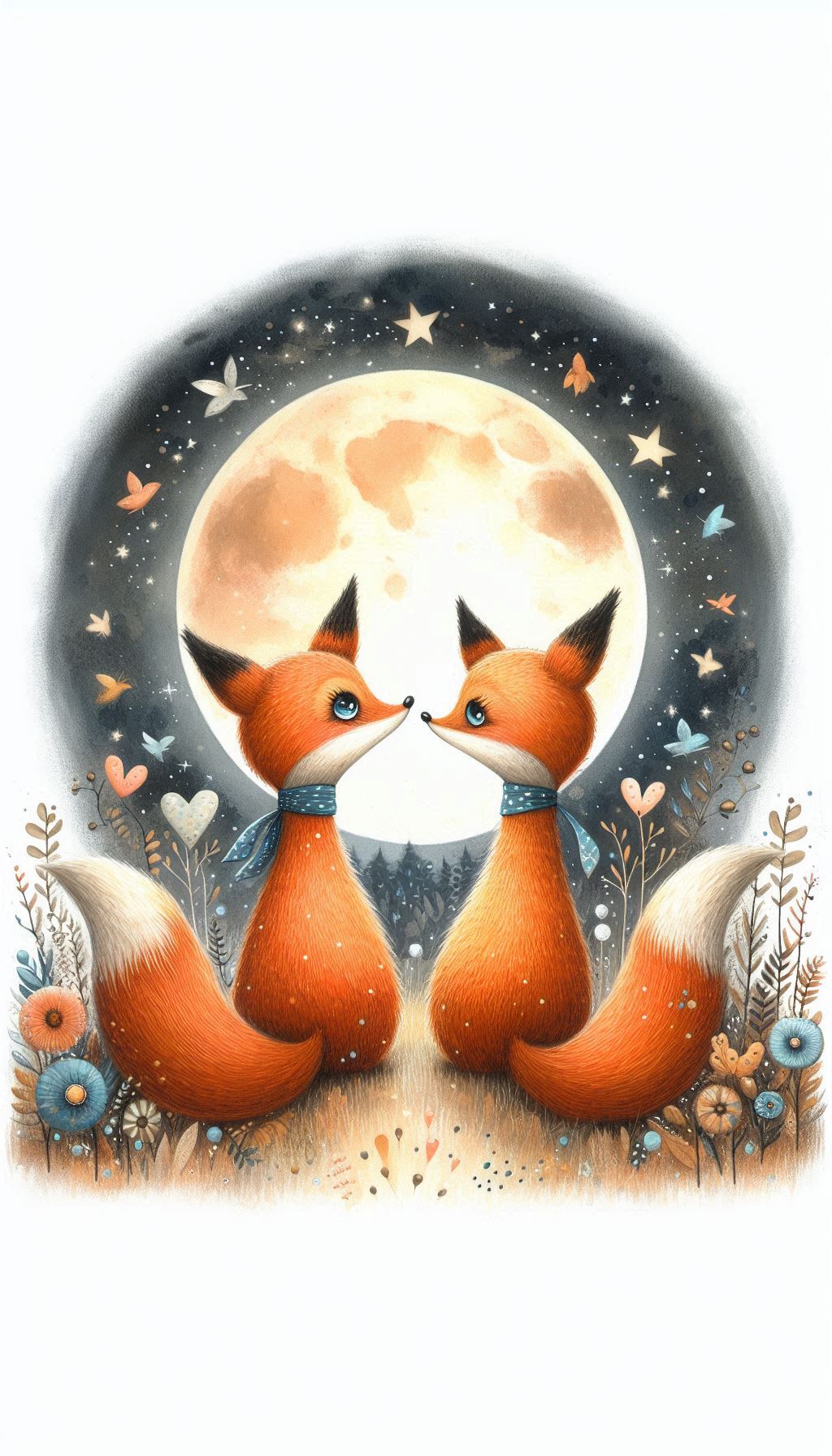Whimsical Fox Couple Gazing at a Full Moon Together