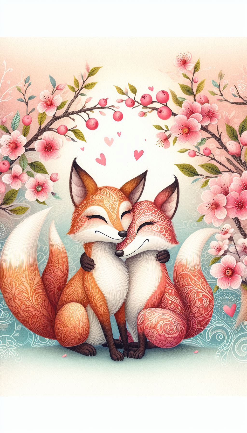 Whimsical Fox Pair Embracing Under Cherry Blossoms
