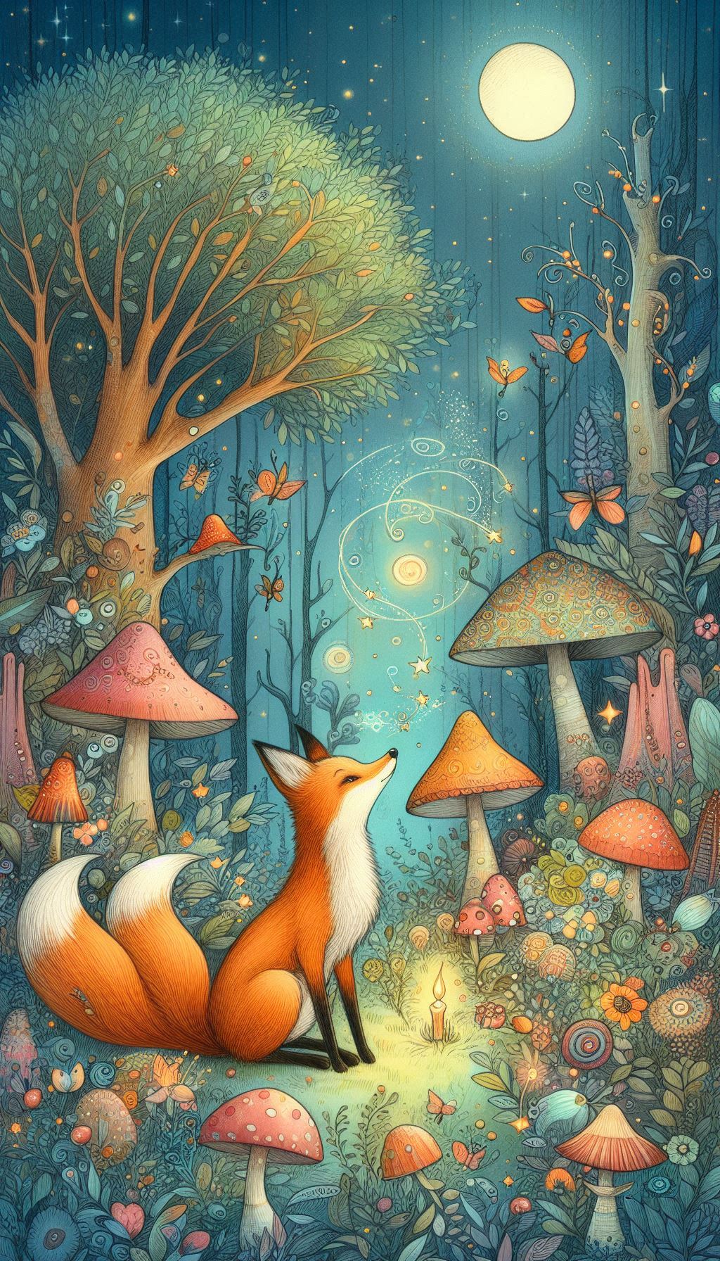 Whimsical Foxes in a Magical Forest Drawing Wallpaper
