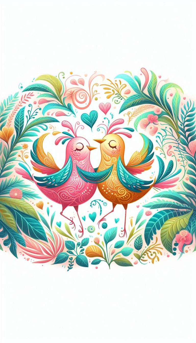 Whimsical Lovebirds in a Playful Dance Amidst Tropical Foliage