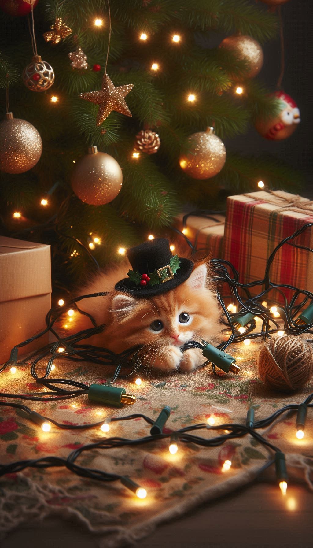 Whimsical Scene of a Kitten Tangle in Christmas Lights