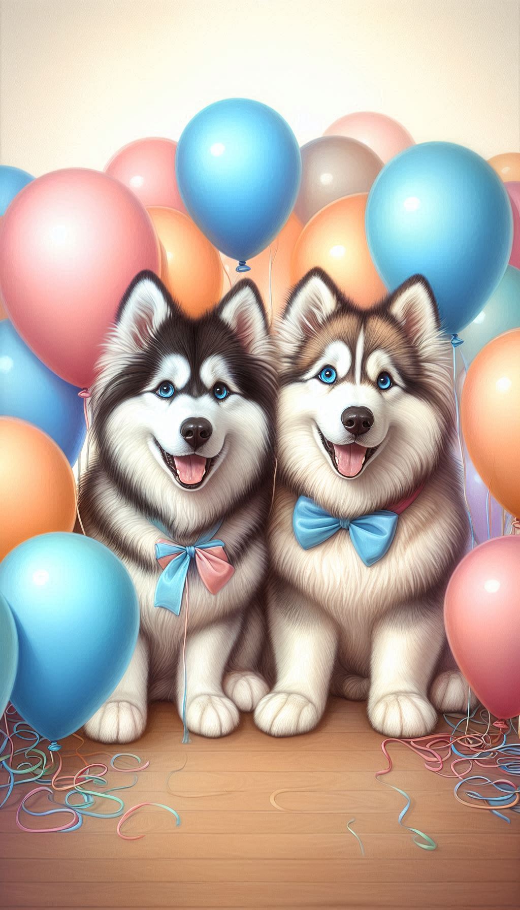 Whimsical Siberian Husky Pair Surrounded Bee Colorful Balloons Mobile Backgrounds
