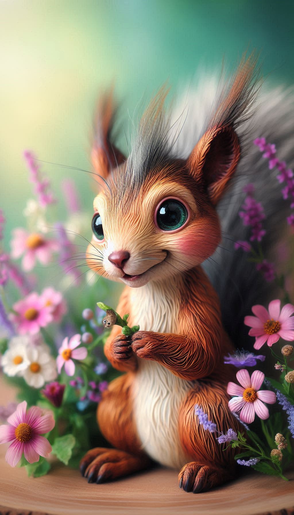Whimsical Squirrel Close-Up Surrounded by Wildflowers