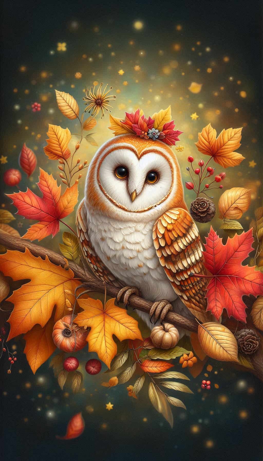 Whimsical barn owl surrounded by autumn leaves - seasonal wallpaper your phone