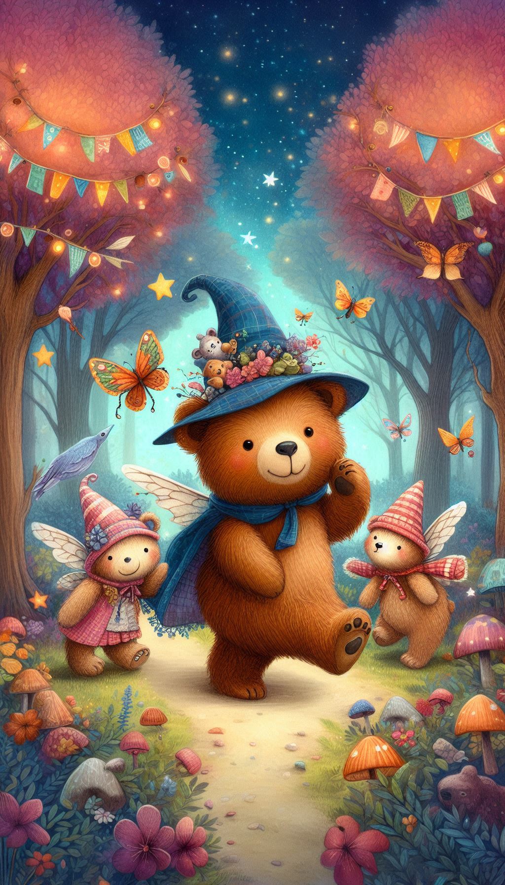 Whimsical bear cub and mobile wallpaper on a magical adventure