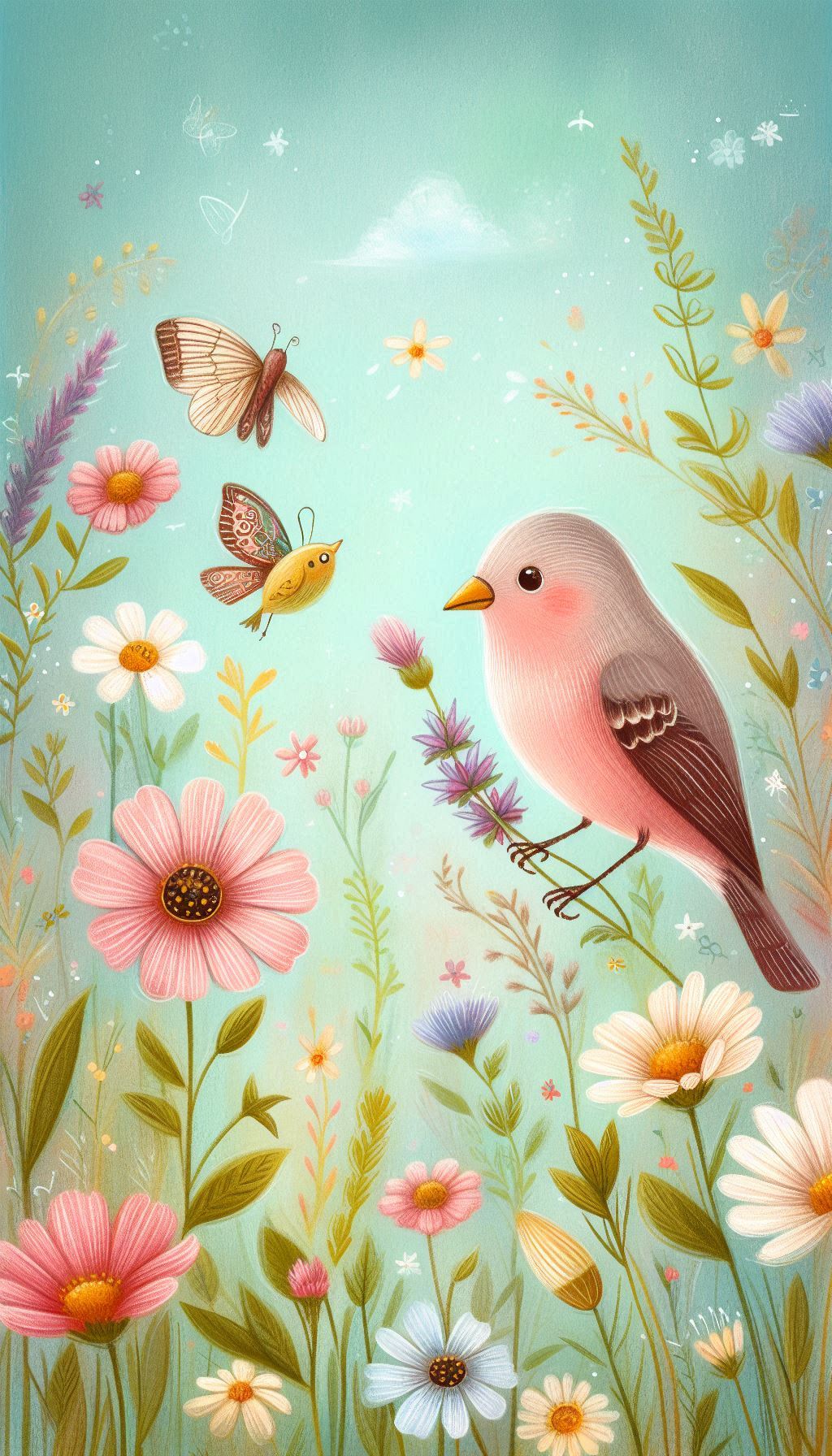 Whimsical finch surrounded by wildflowers in a meadow HD mobile wallpaper for iPhone