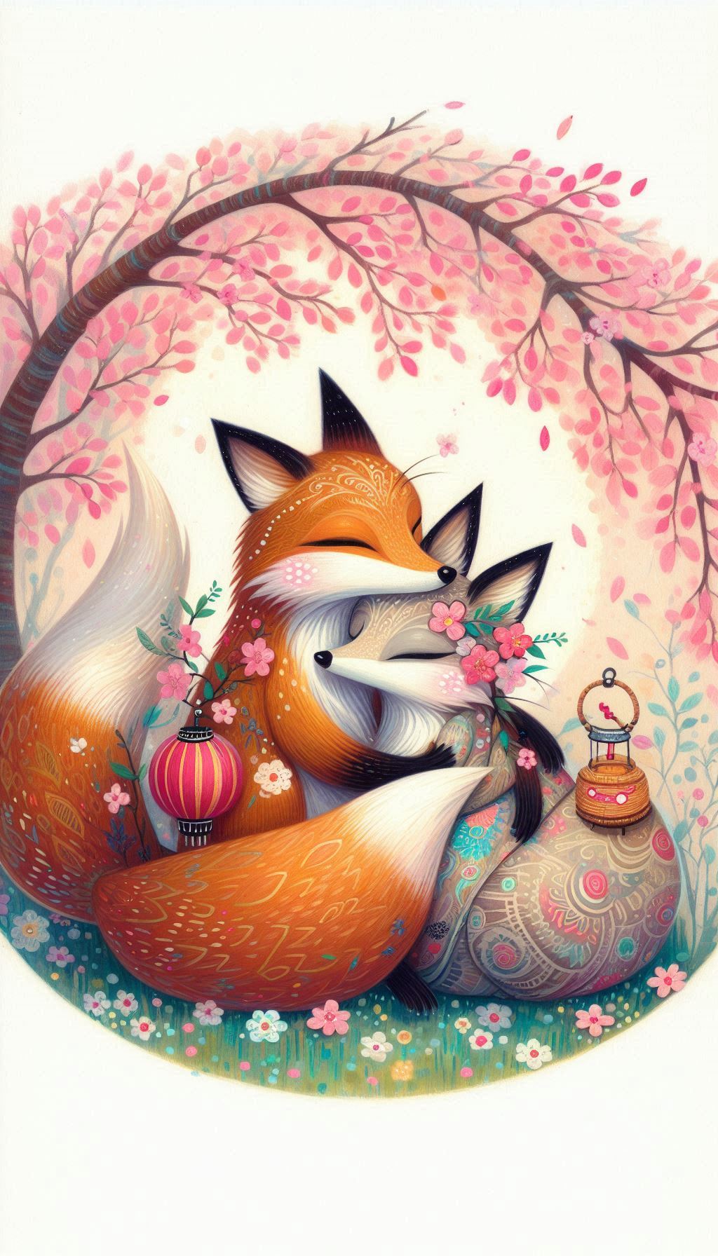 Whimsical fox couple hugging under cherry blossom background for Android