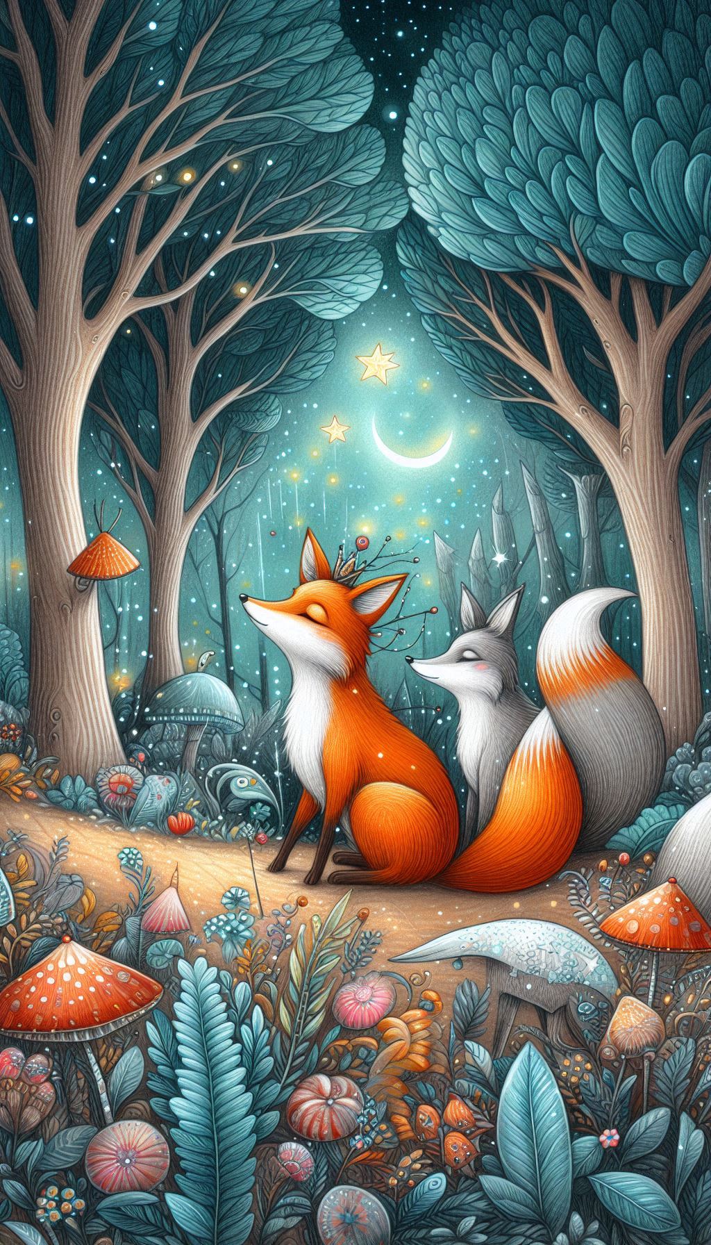 Whimsical foxes in a magical forest drawing wallpaper for mobile