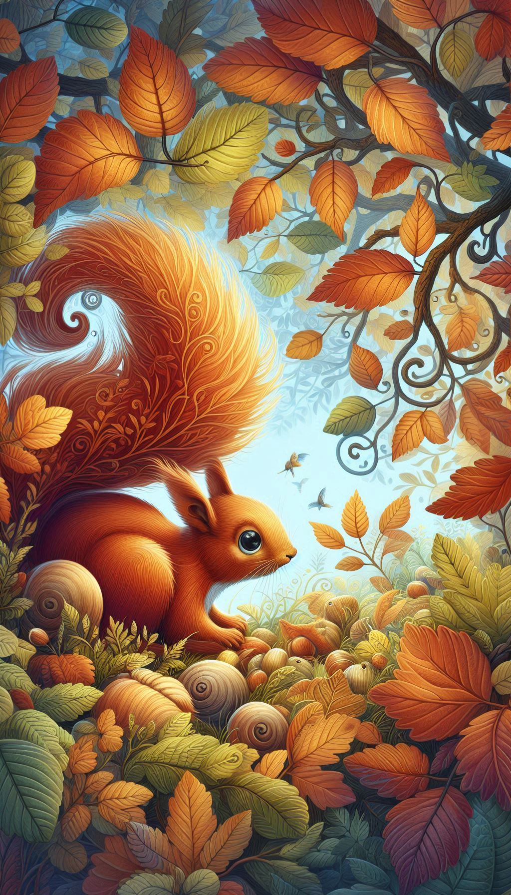 Whimsical squirrel playing hide and seek among the leaves background for phone