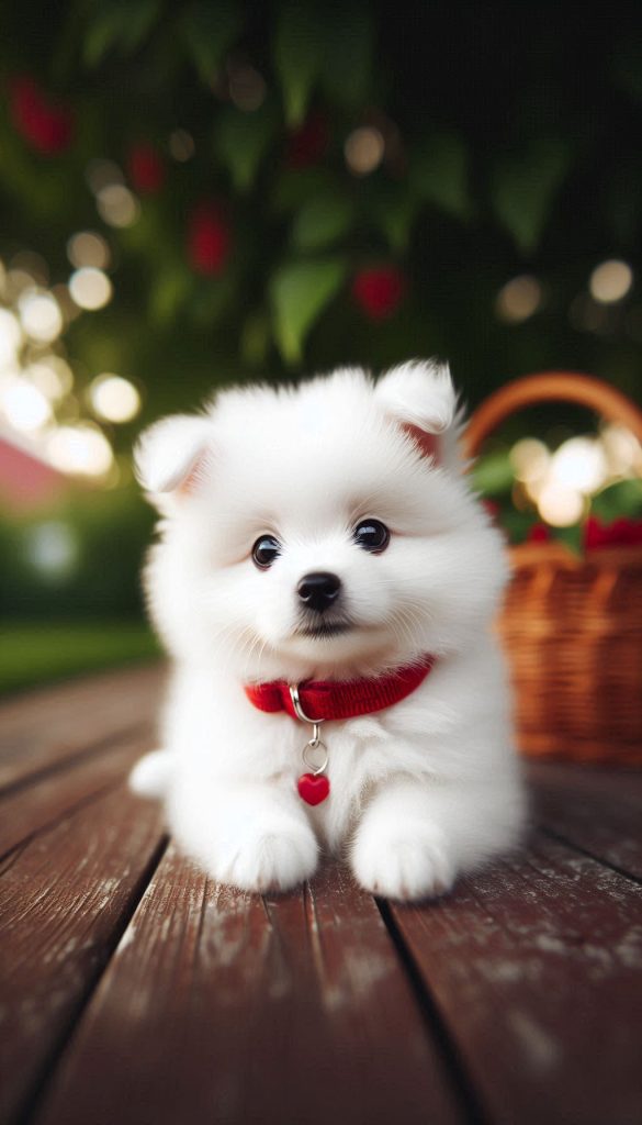White Spitz puppy with a bright red collar wallpaper to download