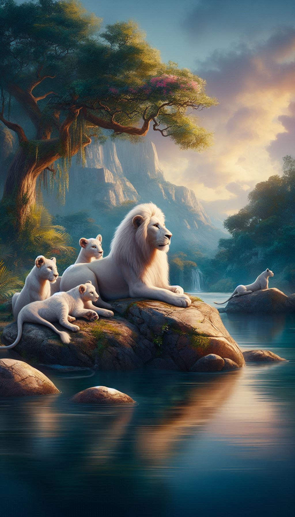 White lion family sitting peacefully on a rocky cliff with a beautiful smartphone wallpaper