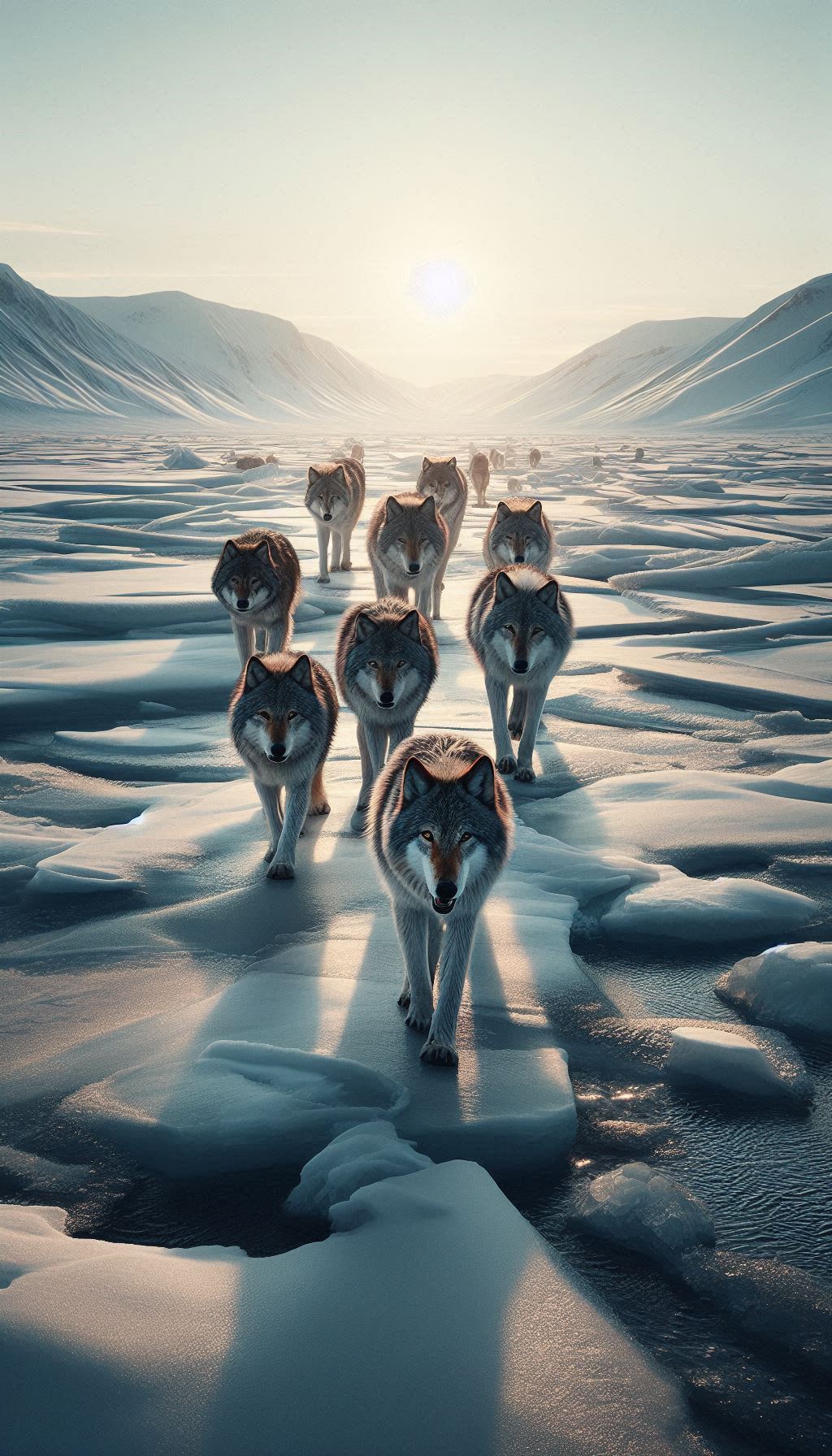Wolf Pack Journeying Through a Frozen Tundra Powerful Nature Scene