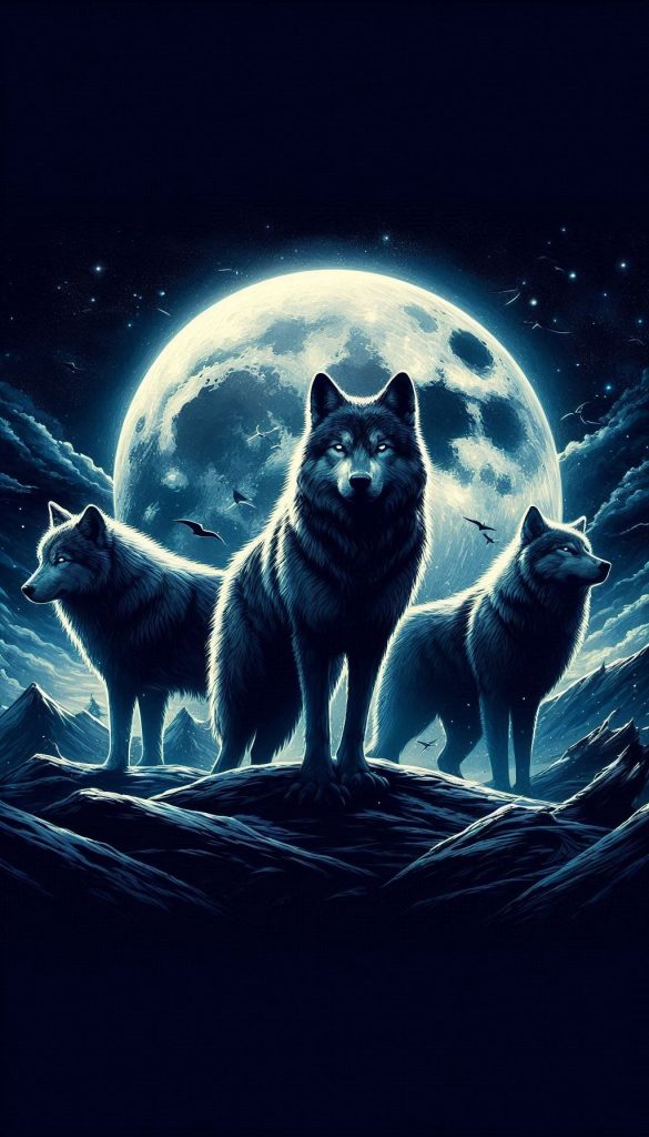 Wolf Pack Under the Moonlight Night Sky Artwork