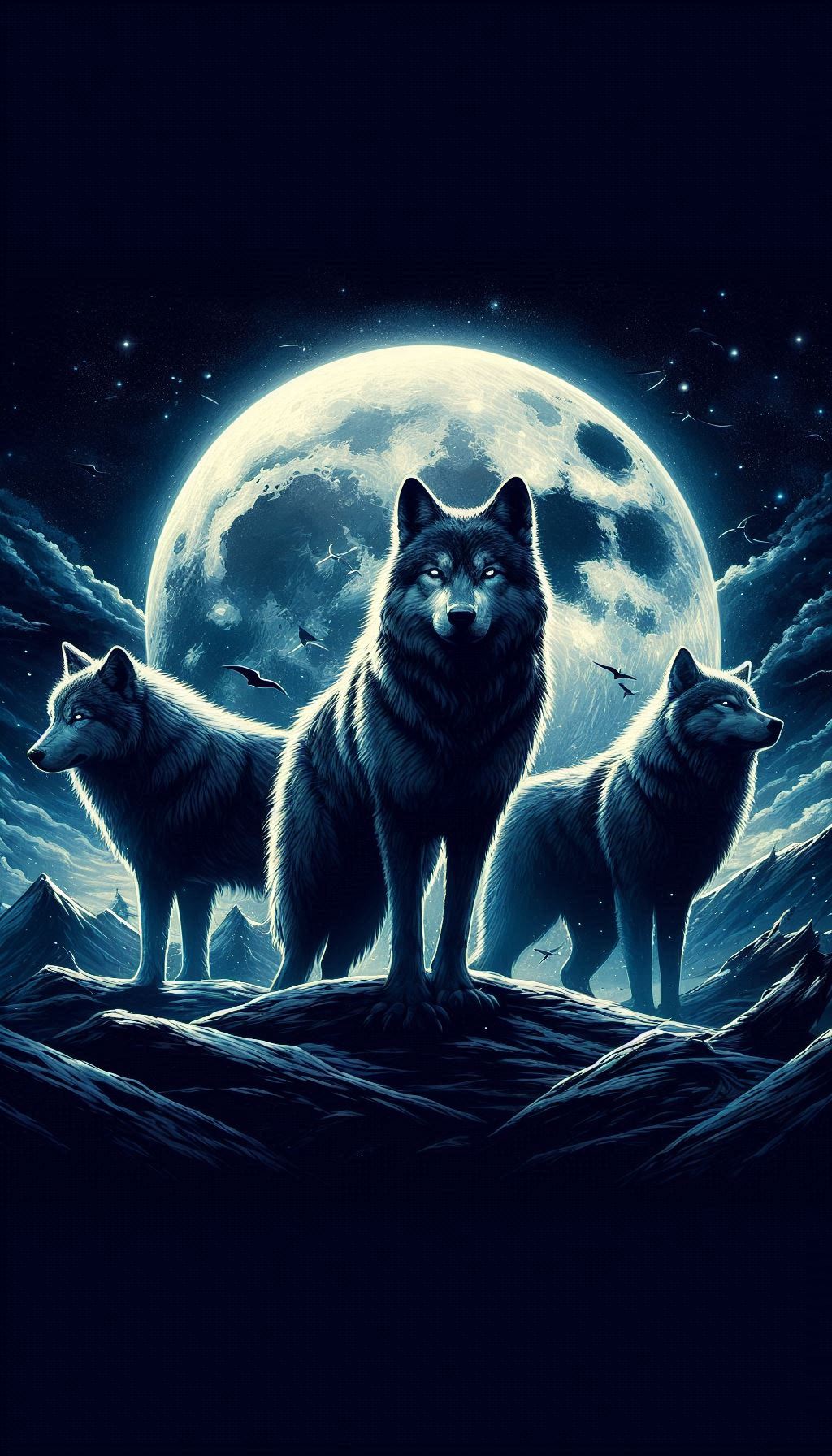 Wolf Pack Under the Moonlight Night Sky Artwork