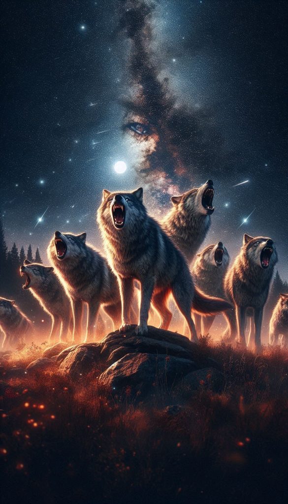 Wolf Pack in Unison A Thunderous Roar Under Starry Skies