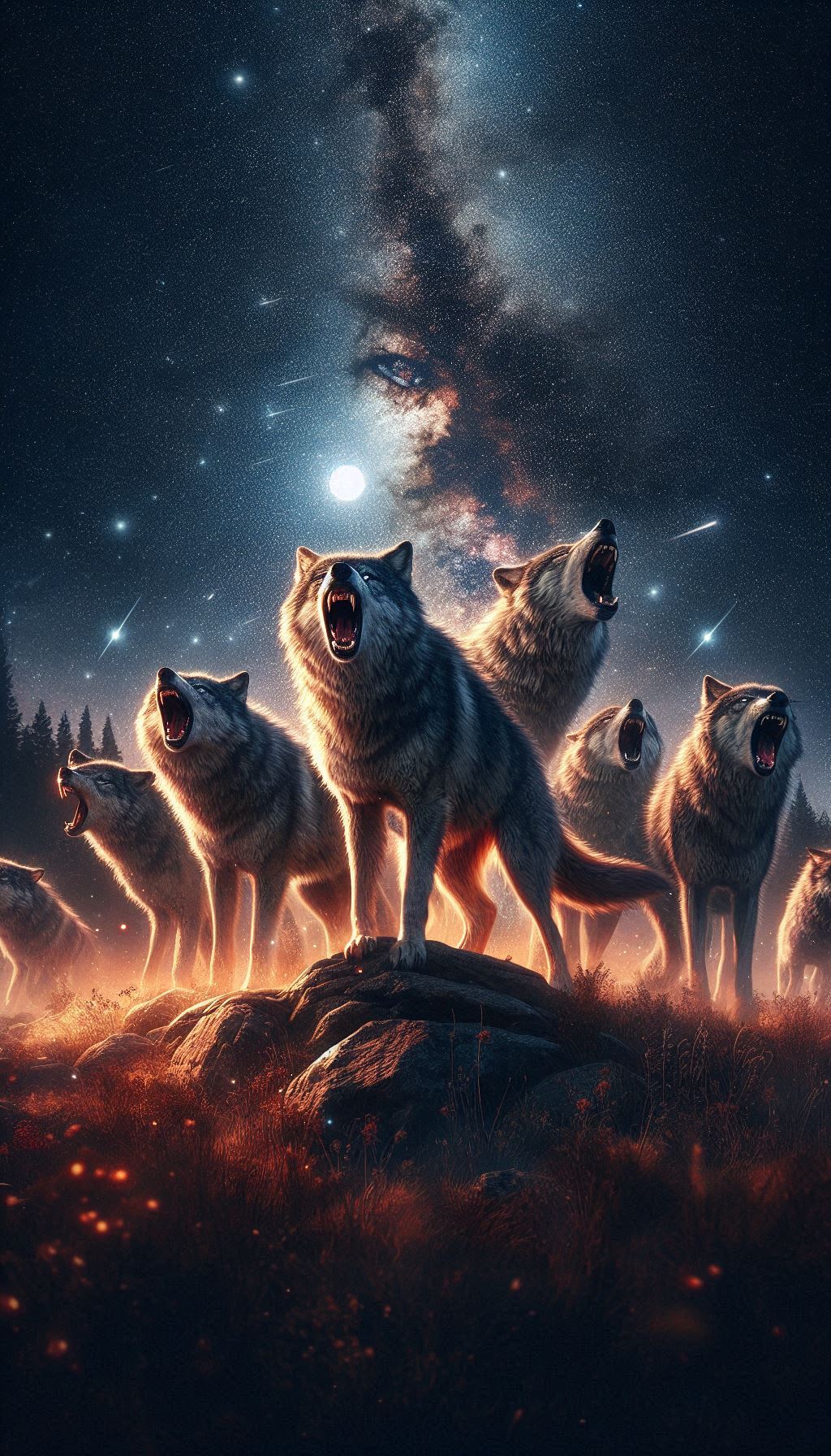 Wolf Pack in Unison A Thunderous Roar Under Starry Skies
