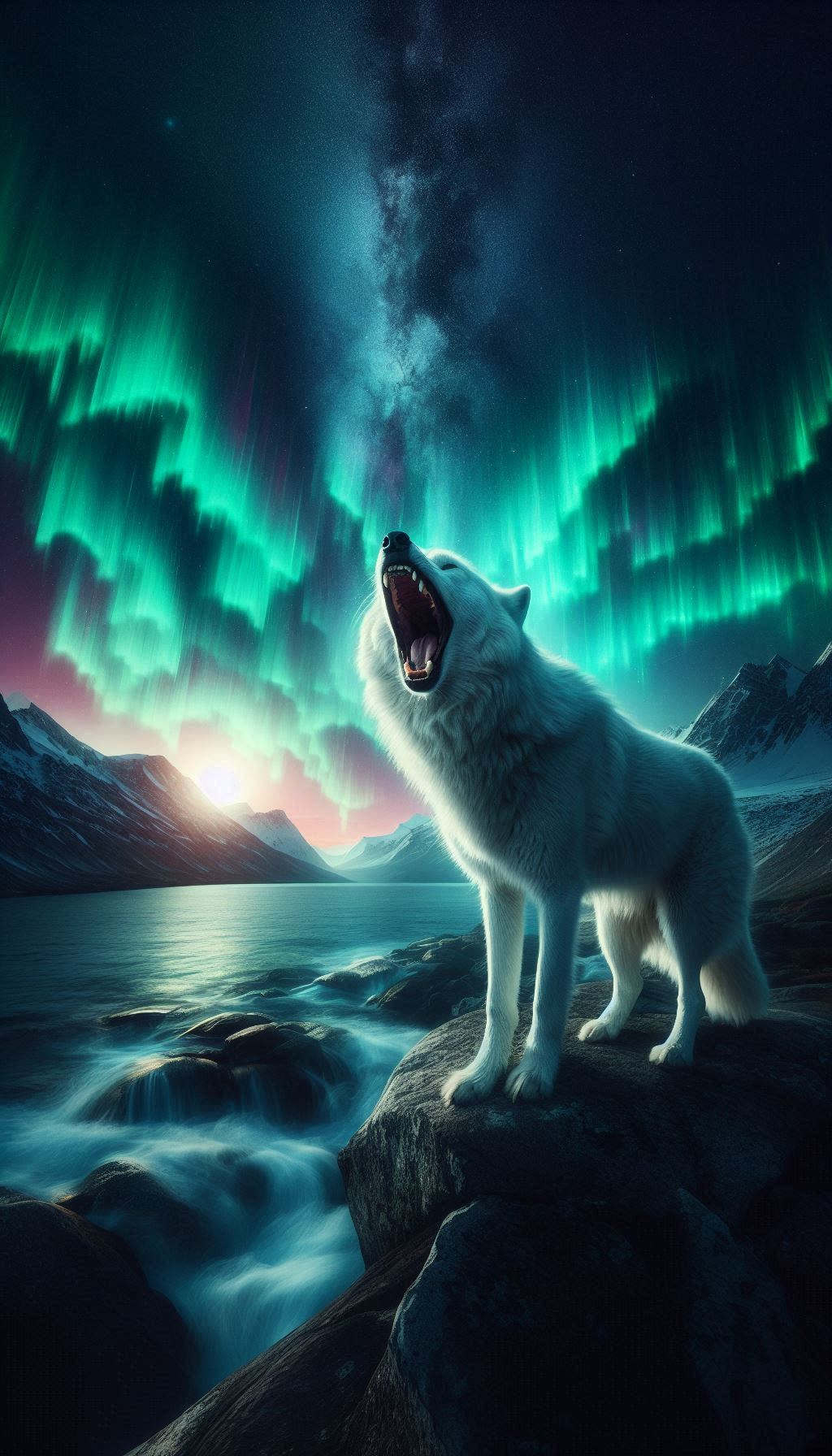 Wolf Roaring with Northern Lights Mystical Arctic Landscape