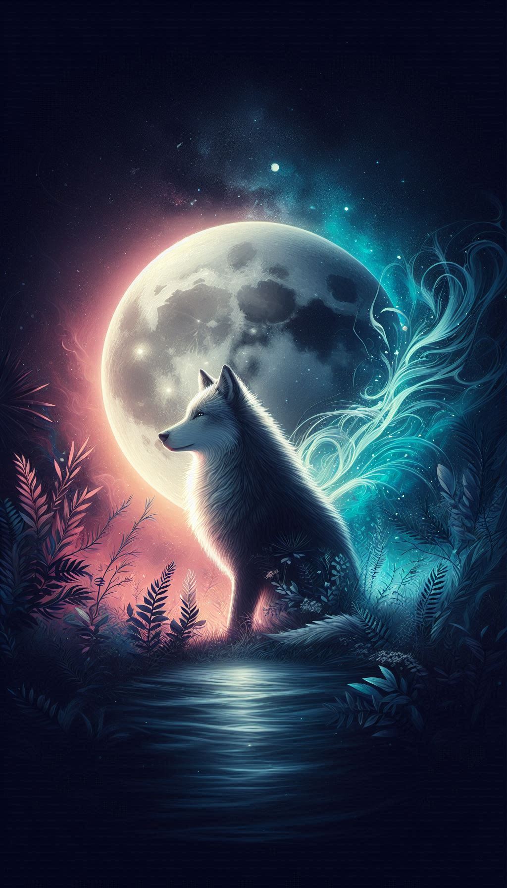 Wolf and Moon A Dreamy Nighttime Artwork