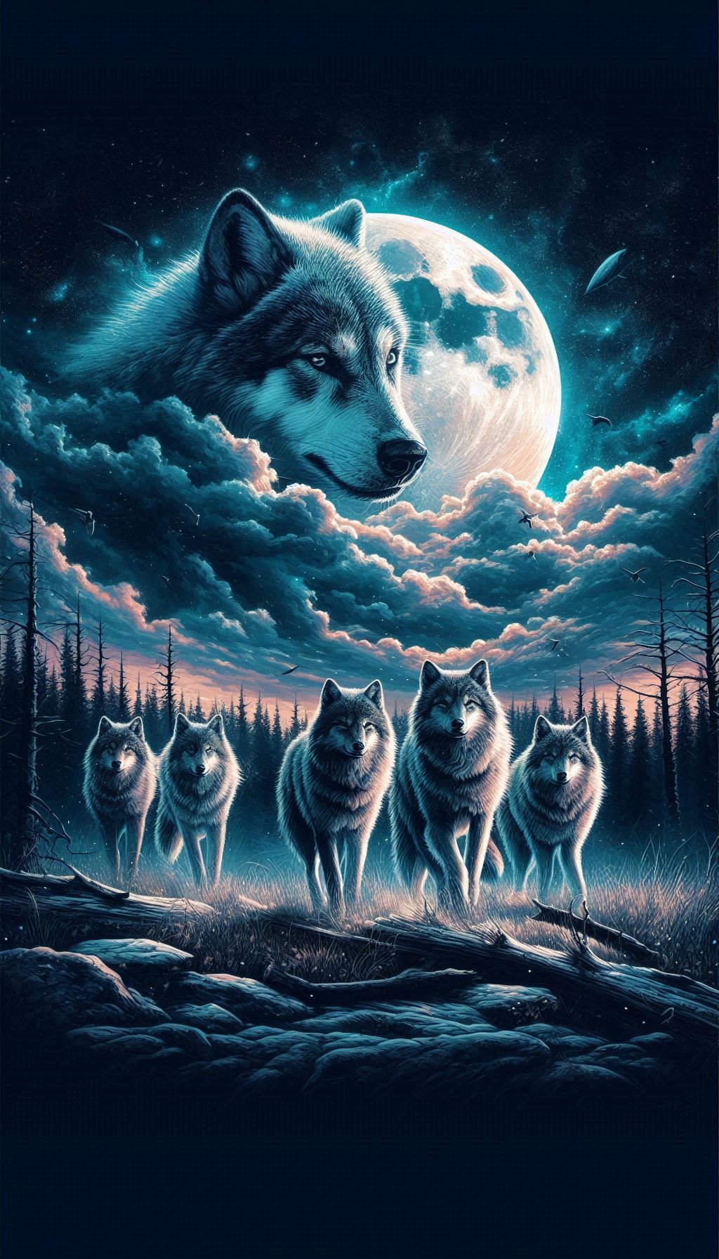 Wolf family with whole family under the moonlit night sky artwork for your mobile wallpaper