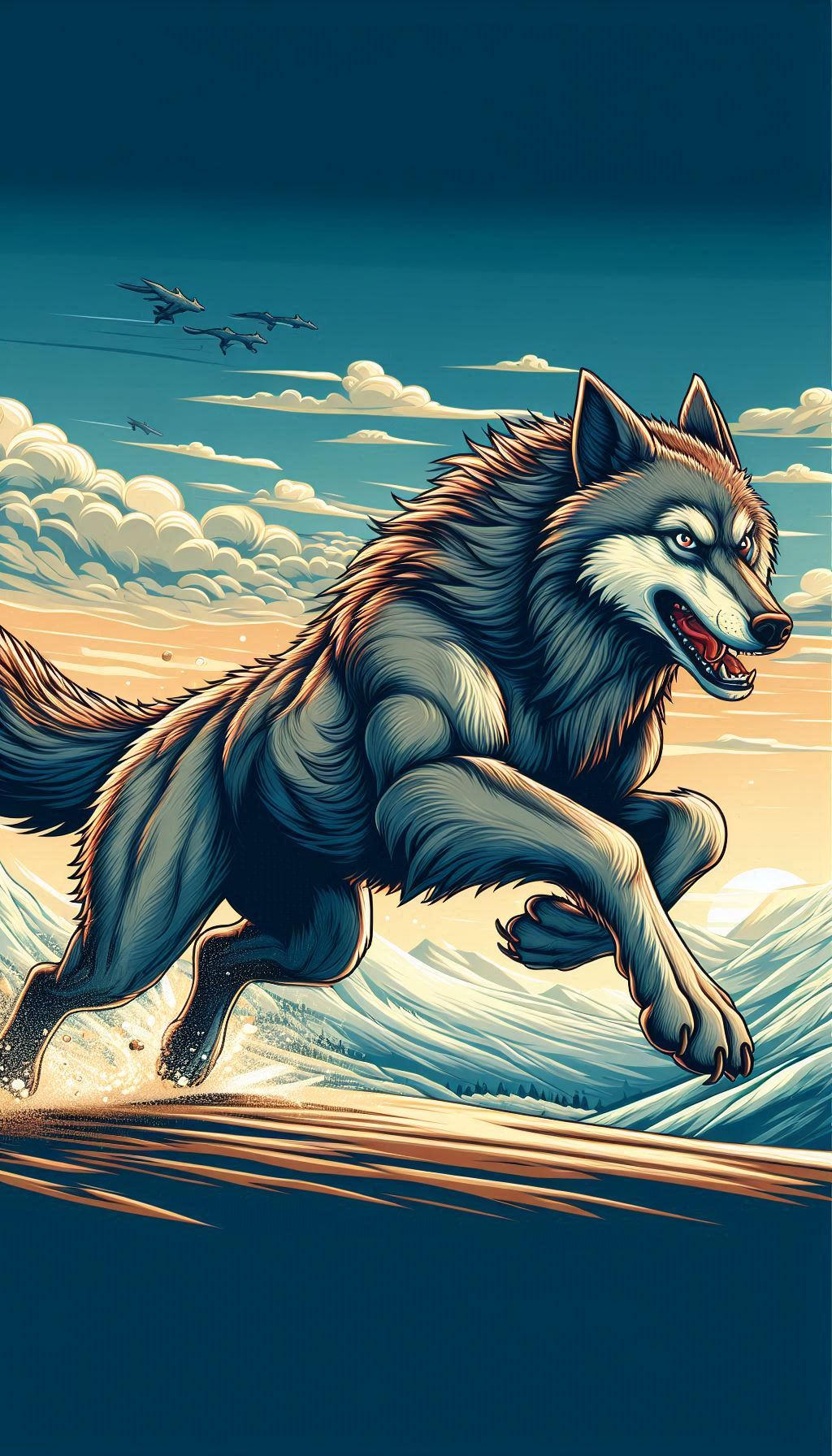 Wolf in Mid-Run Dynamic Action Scene Illustration