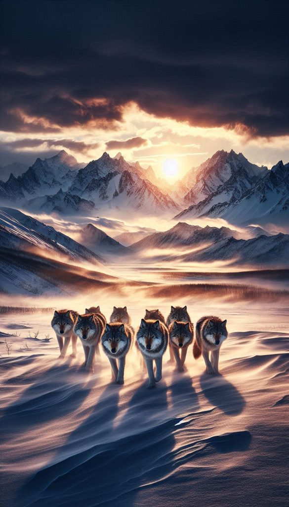 Wolf pack travels across a frozen tundra Powerful nature scene mobile wallpaper for iPhone