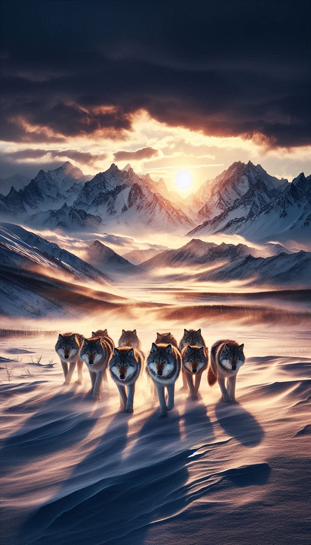 Wolf pack travels across a frozen tundra Powerful nature scene mobile wallpaper for iPhone