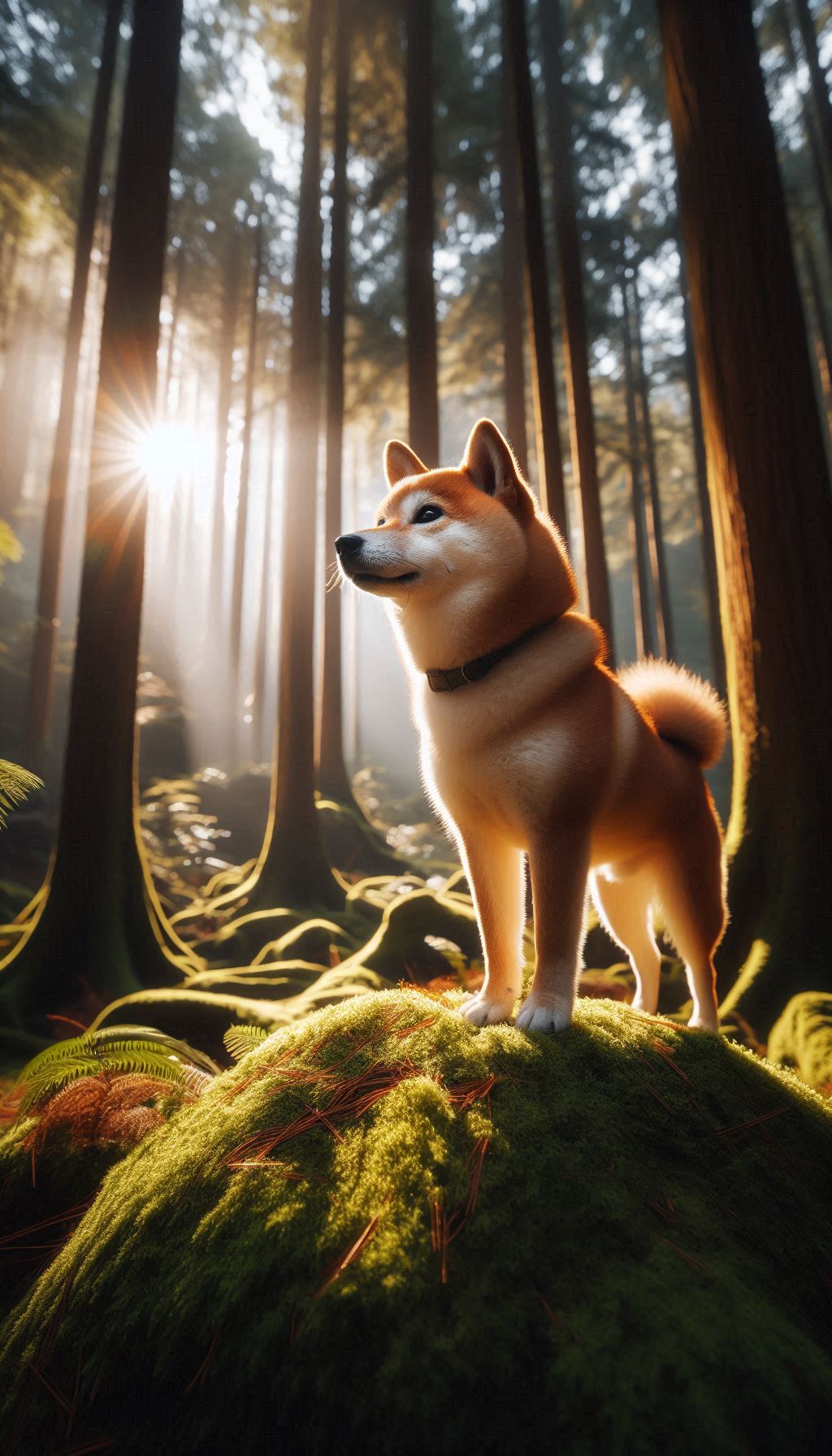 cool shiba inu mobile wallpaper looking up at the tall trees and sunlight
