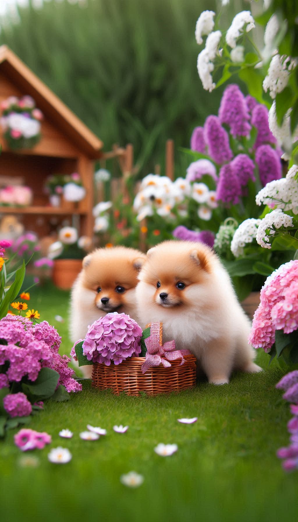 cute spitz puppies exploring flower garden background for mobile