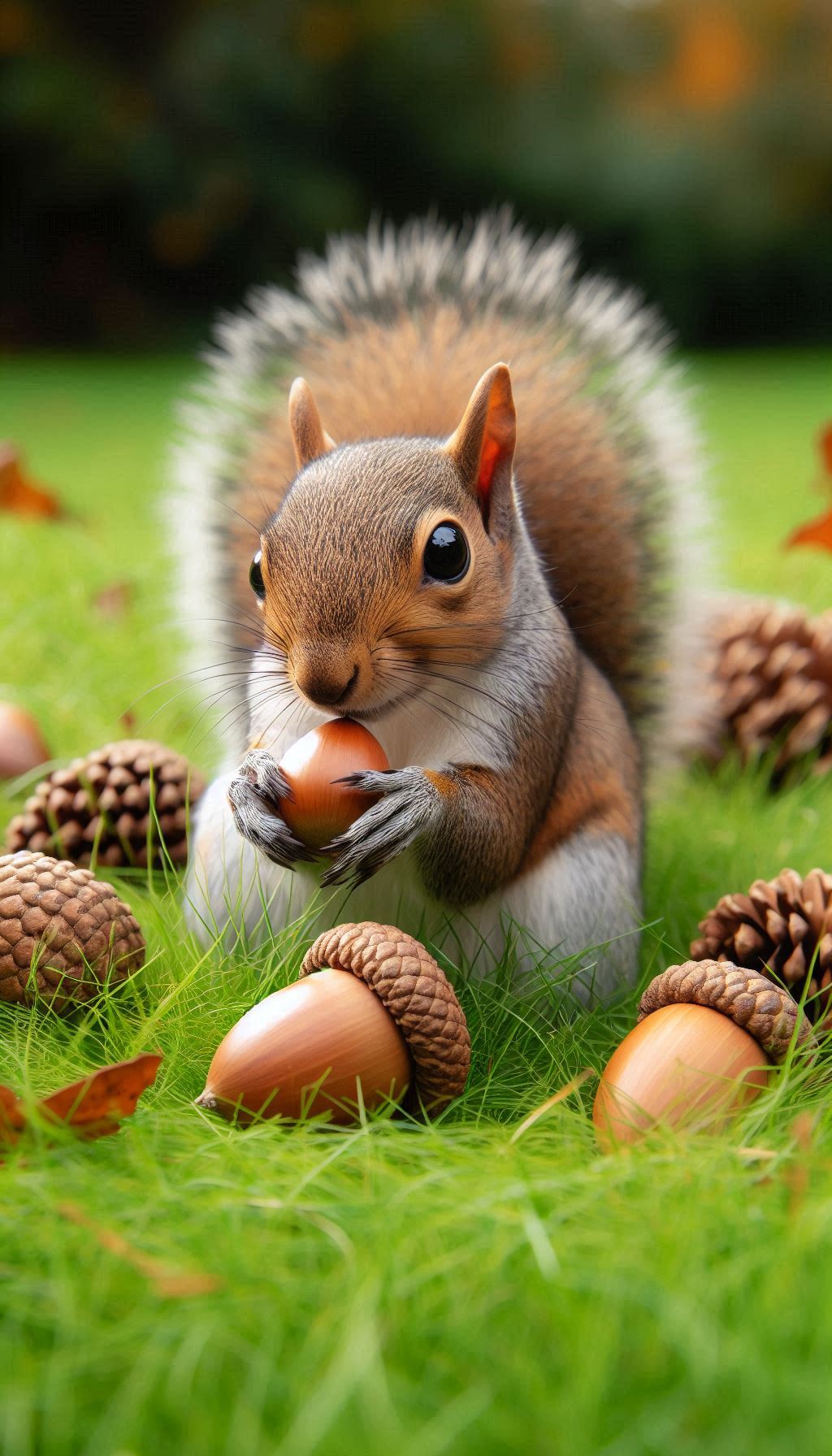 naughty squirrel playing with acorns in the grass phone background