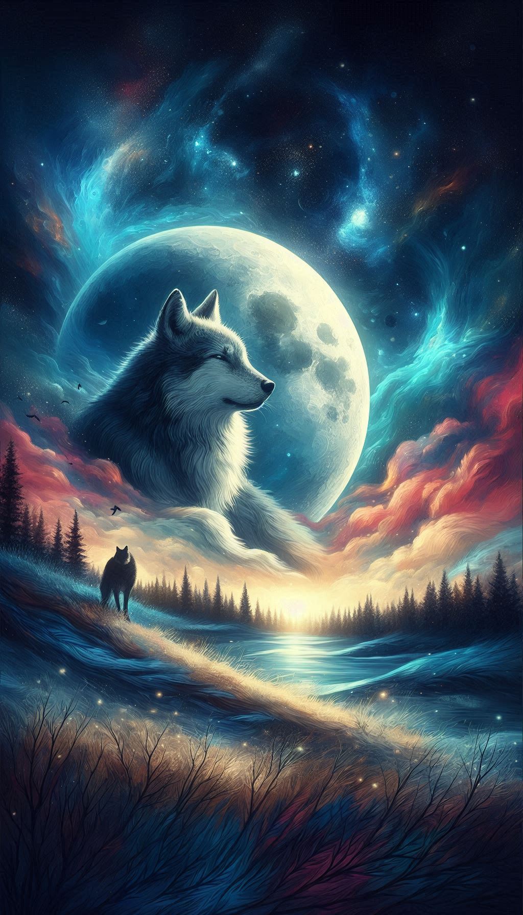 wolf and moon a dreamy night relaxing phone wallpaper