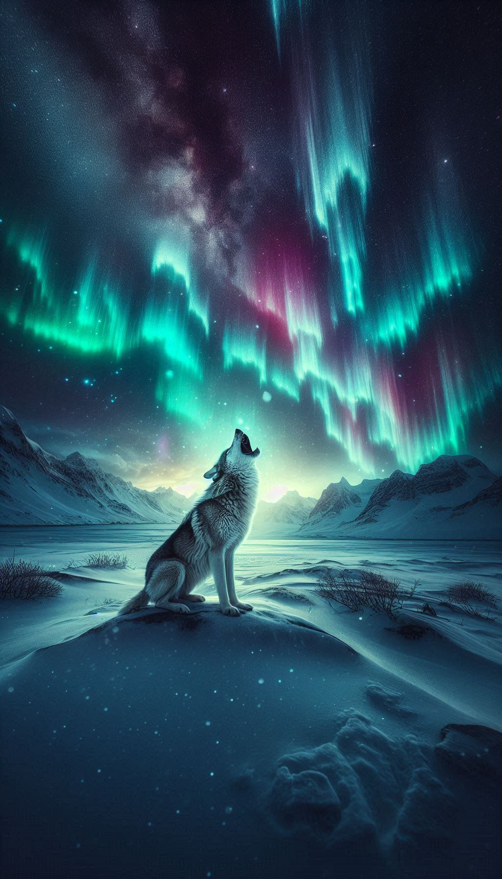 wolf roaring mysterious landscape background with northern lights for mobile
